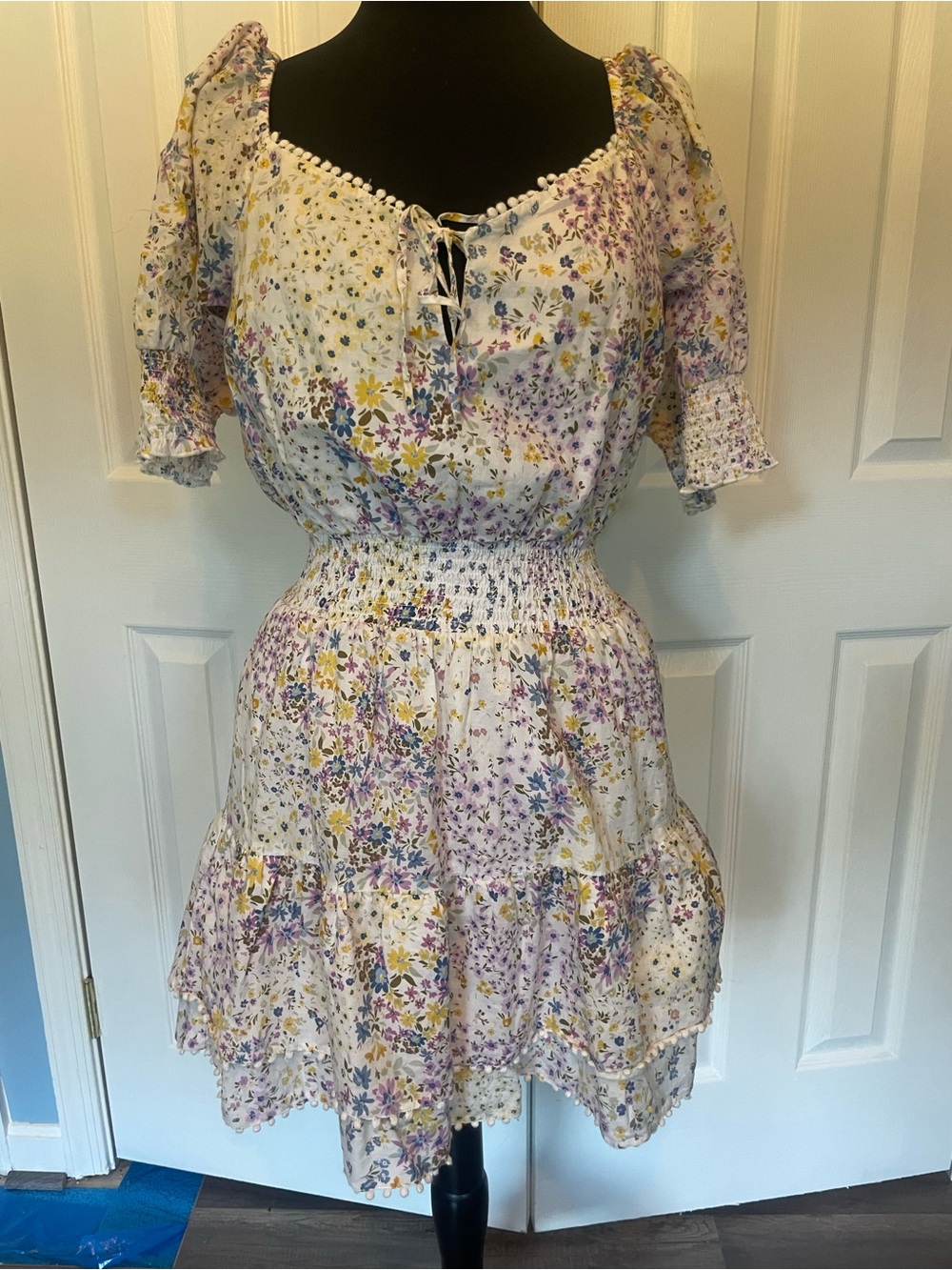 1. State White Mini Dress with Lavender and Yellow Floral Print L